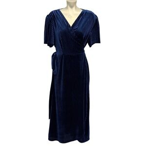 Womens Blue Ribbed‎ Velvet V-Neck Wrap Midi Dress Size 2XL Short Sleeve Formal
